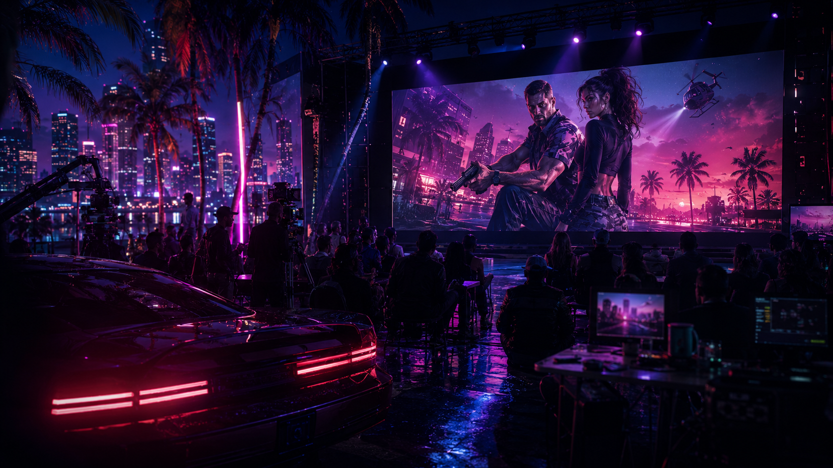 Original neon presentation artwork for GTA VI extended look guide