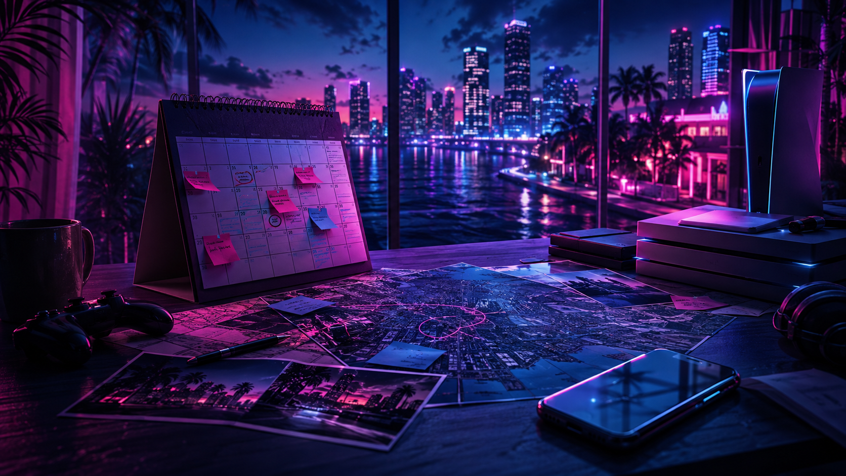 Original neon city planning artwork for GTA VI release date and platforms guide
